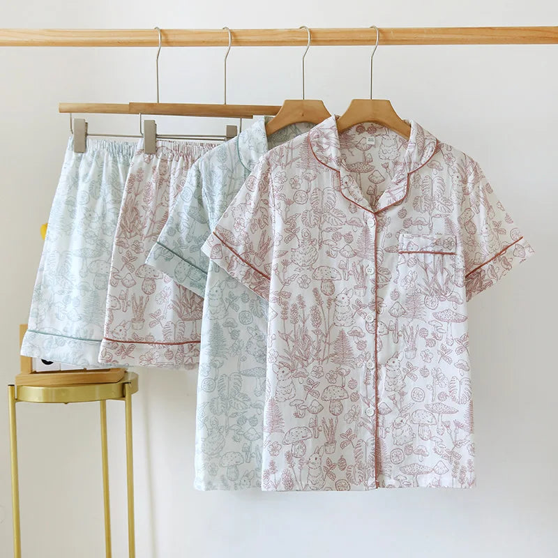Double Layer Gauze Breathable Cotton Fashion Print Short Sleeved Soft Thin Two-piece Pajama Set