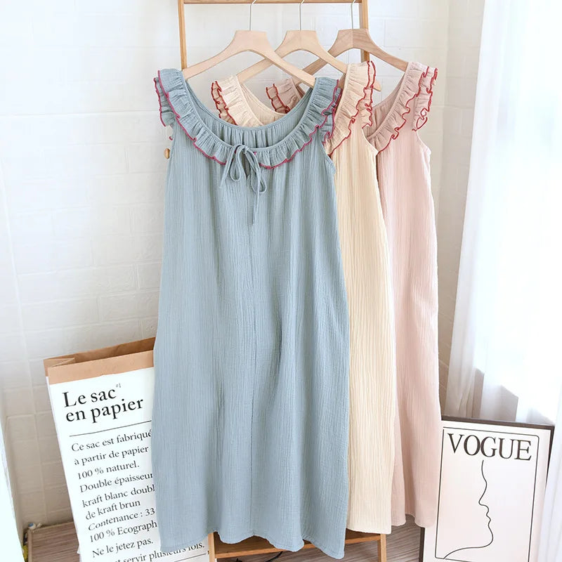 Ruffle Edge Sleeveless Camisole Women's Nightgown Double-layer Gauze Long Style Night Dress