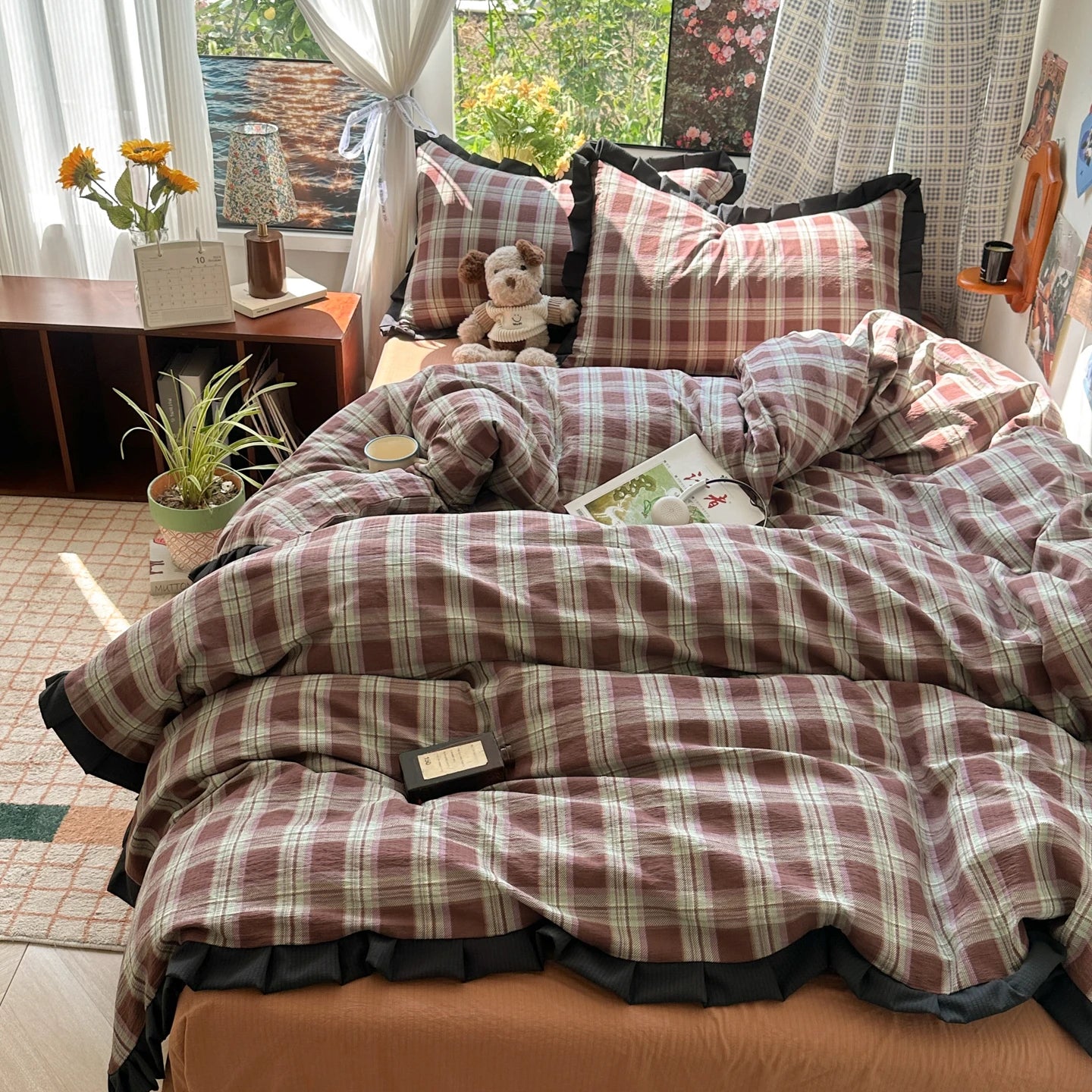 Plaid Bedding Set Double Yarn Classic Vintage Duvet Cover Set Flat Sheets Set 2 Pillowcases