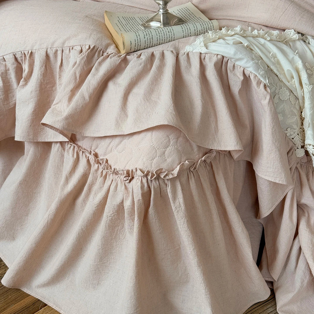 Romantic French Double Layer Lace Ruffles Bedding Set 20% Ramie, 80% Cotton Duvet Cover Set Quilted Bedspread Pillowcases
