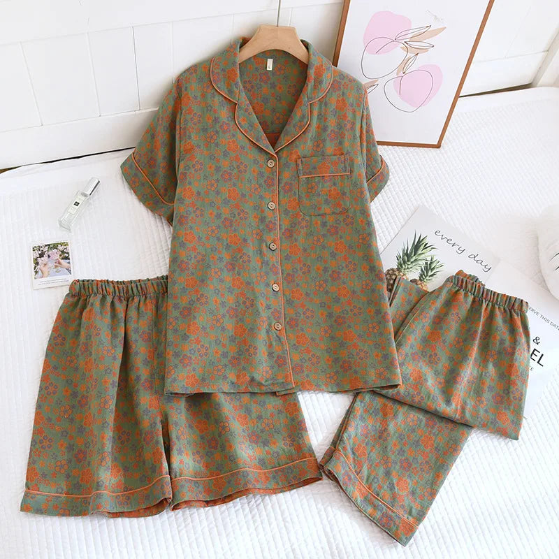 Short Sleeve Gauze Cotton Pyjamas Summer New Three-pieces Floral Nightwear