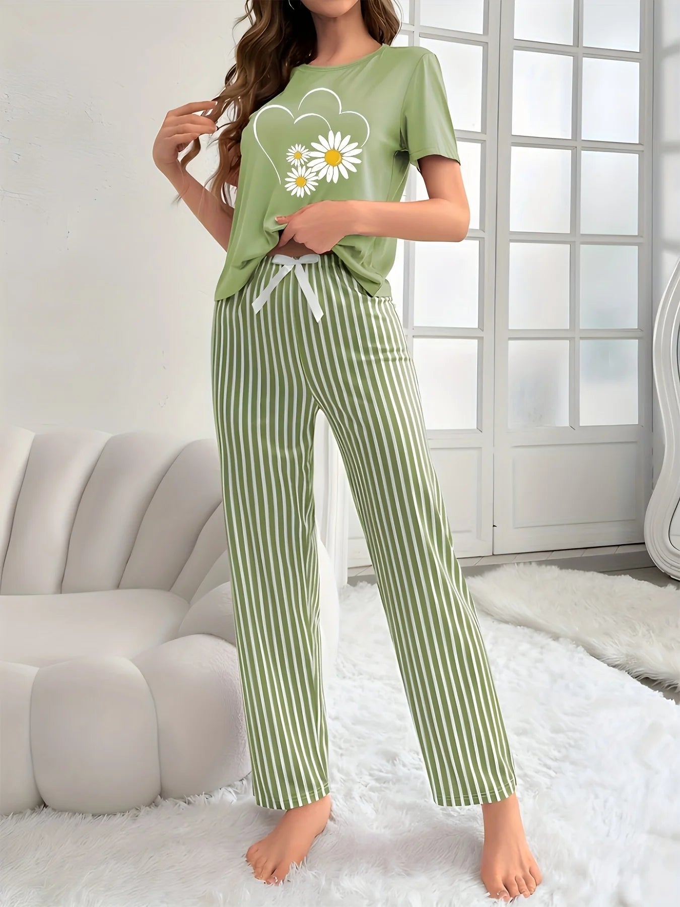 Spring Elegant Floral Print Long Pants and Short-Sleeved Pajama Set