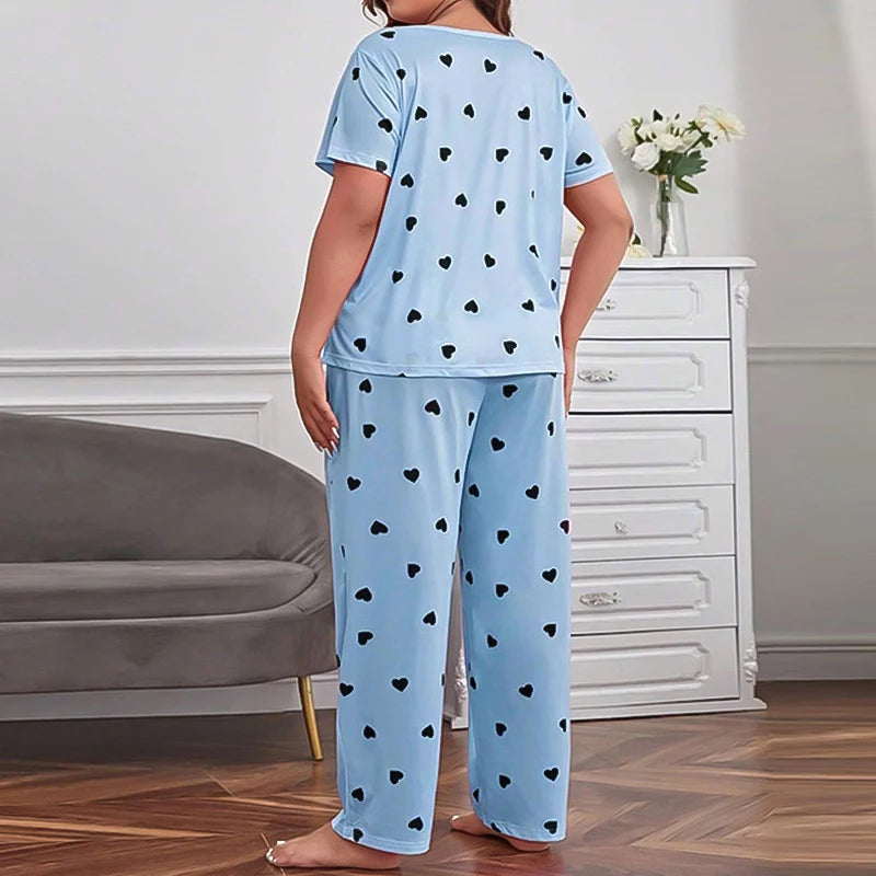 Soft Love Heart Print Short Sleeve T-shirt Top & Pants Sleepwear
