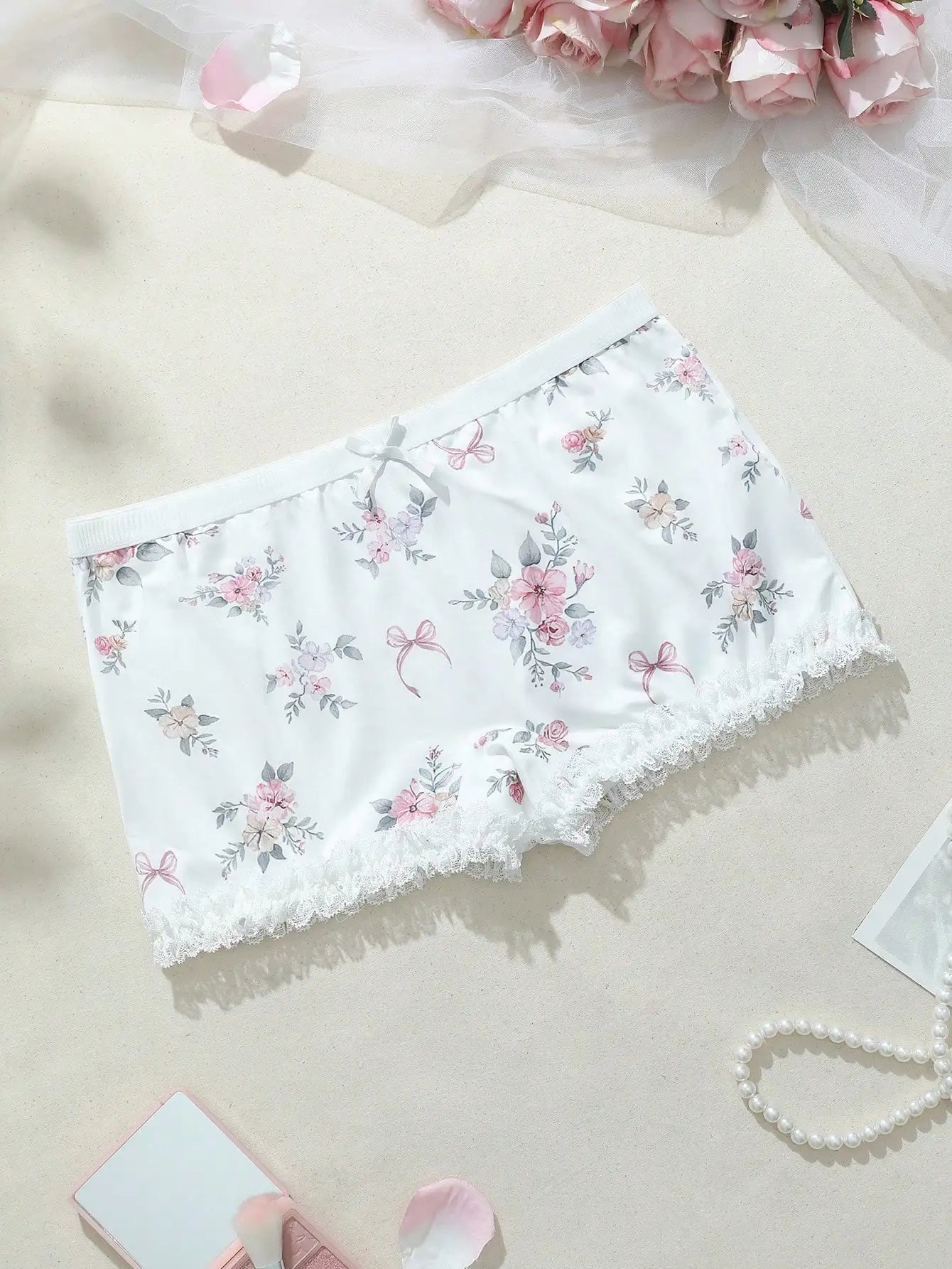 Women's Floral Print Lace Trim Shorts Soft Cotton Blend