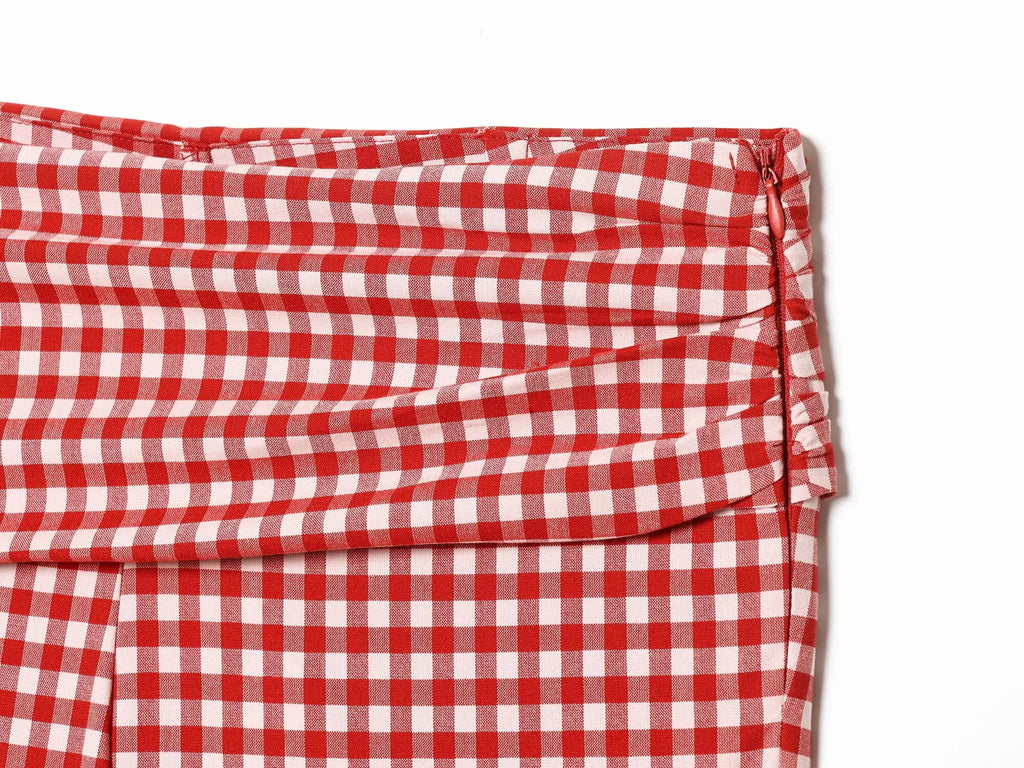Vintage Red White Plaid 2-Piece Set Collar Zipper Sleeveless Vest+Side Slim Pant