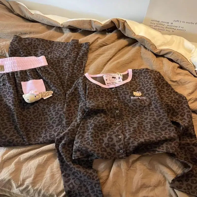 Leopard Print Hello Kitty Women Embroidery Long Sleeve Sweet Slim Fit Homewear Set