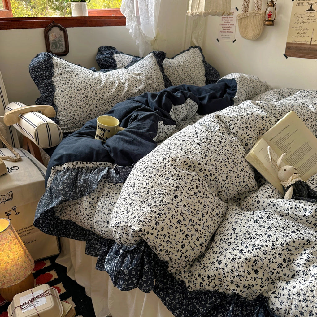 Vintage Flowers Lace Ruffles Duvet Cover Set Pillowcase For Home Bedroom Decor