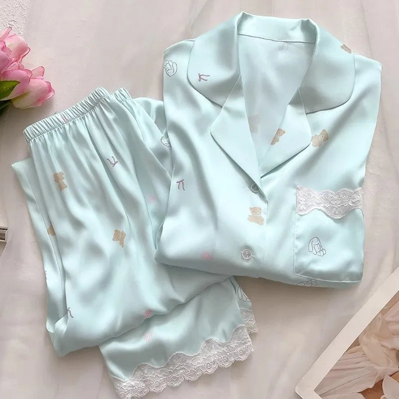 Bear Print Silk Short Sleeve Pants Loungewear Cardigan Lace Two-Piece Set