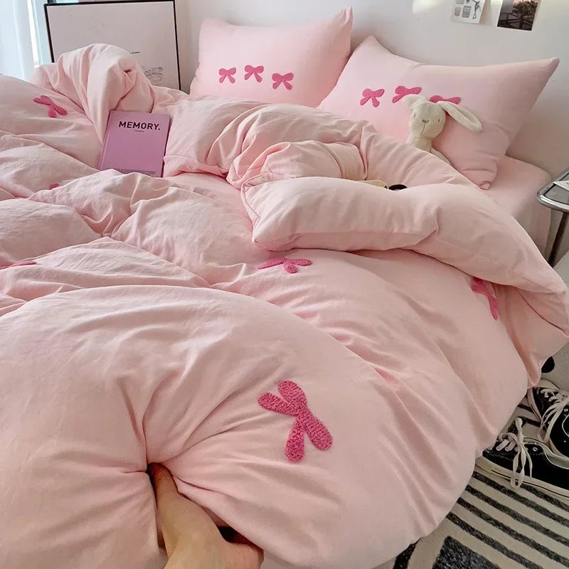 3D Embroidered Bow Quilt Set Cotton Pink Comfortable Soft Bedding