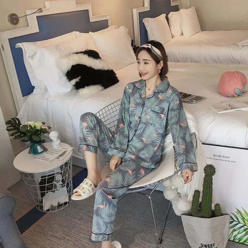 V-Neck Button Down Top and Trousers Sleepwear Homewear