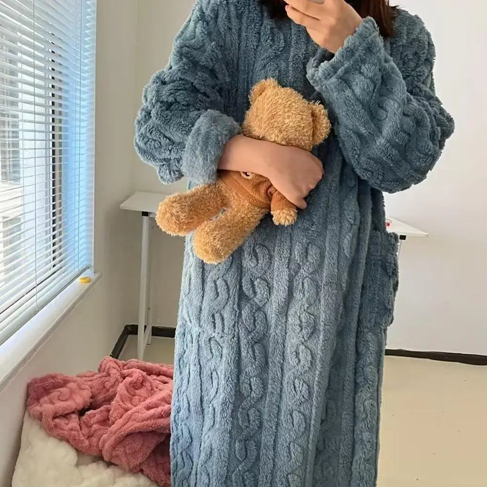 Velvet Women's Long Sleeve Double Pocket Flannel Loose Solid Sleepwear