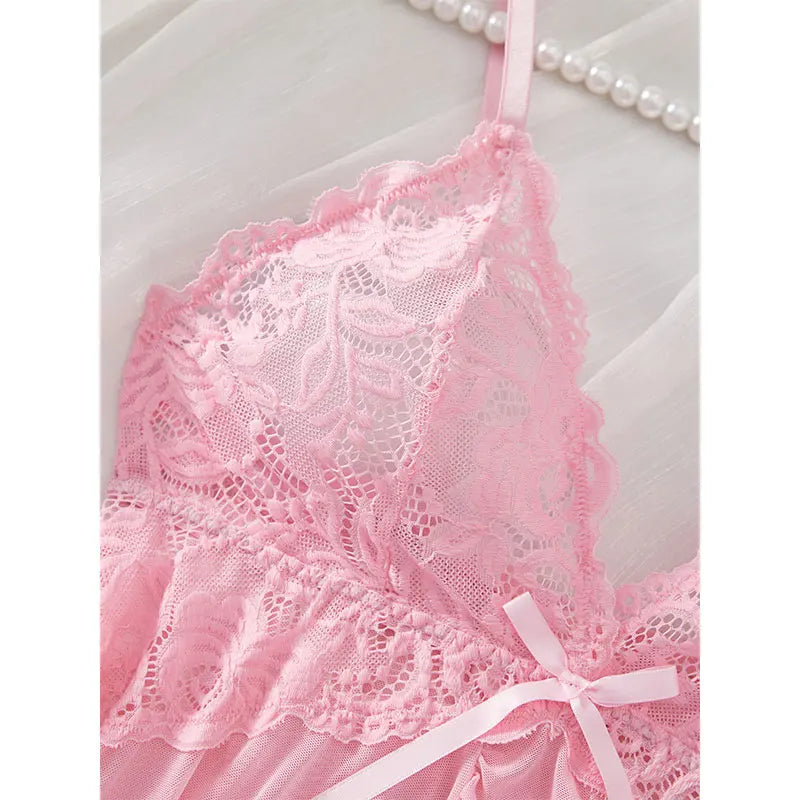 Ultra-thin Nightgown Lace Thong Sets Women's Sexy Pyjamas Lingerie