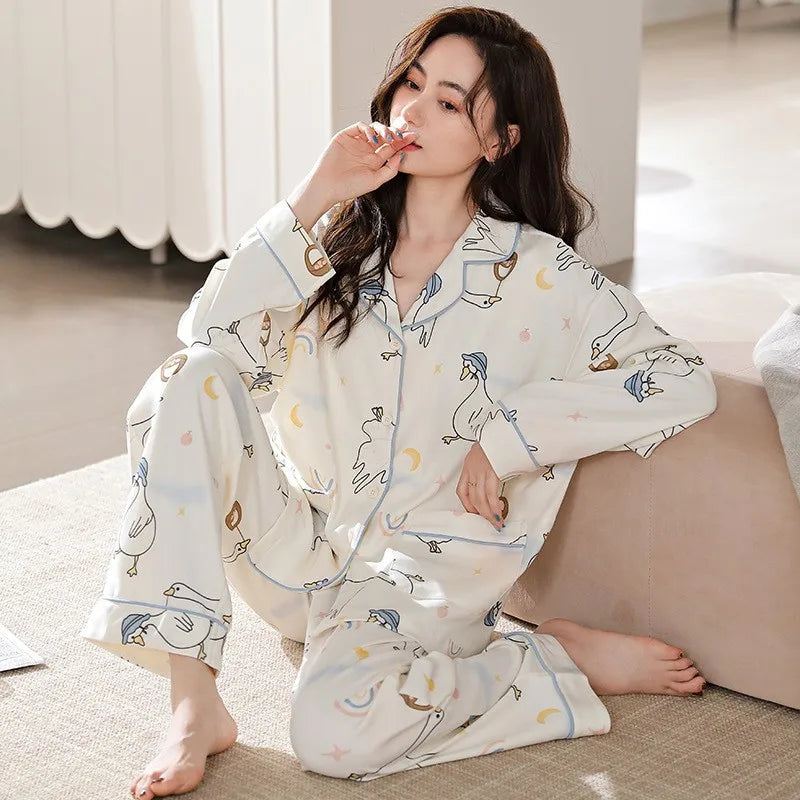 Women's Cardigan Long-sleeved Long Pants Cotton Comfortable Pajamas