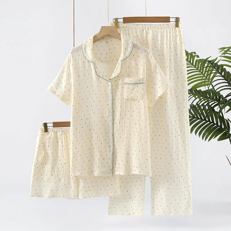 Pure Cotton Three-piece Thin Crepe Fabric Collar Short Sleeved Pants Shorts Set