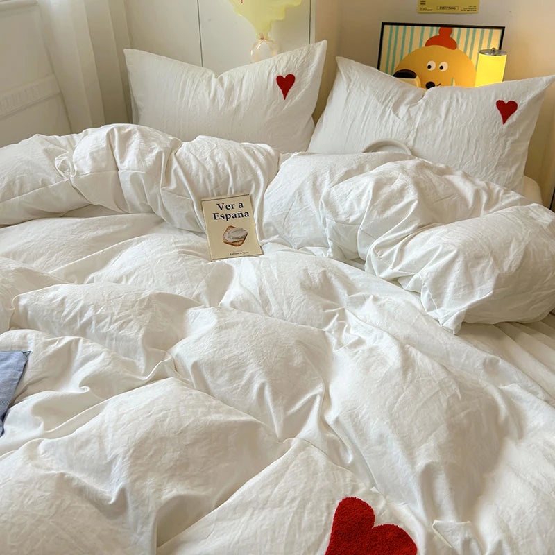 Heart Pattern Solid Color Bedding Set Soft Bed Flat Sheet Duvet Cover Set Pillowcases Simple Bed Linen