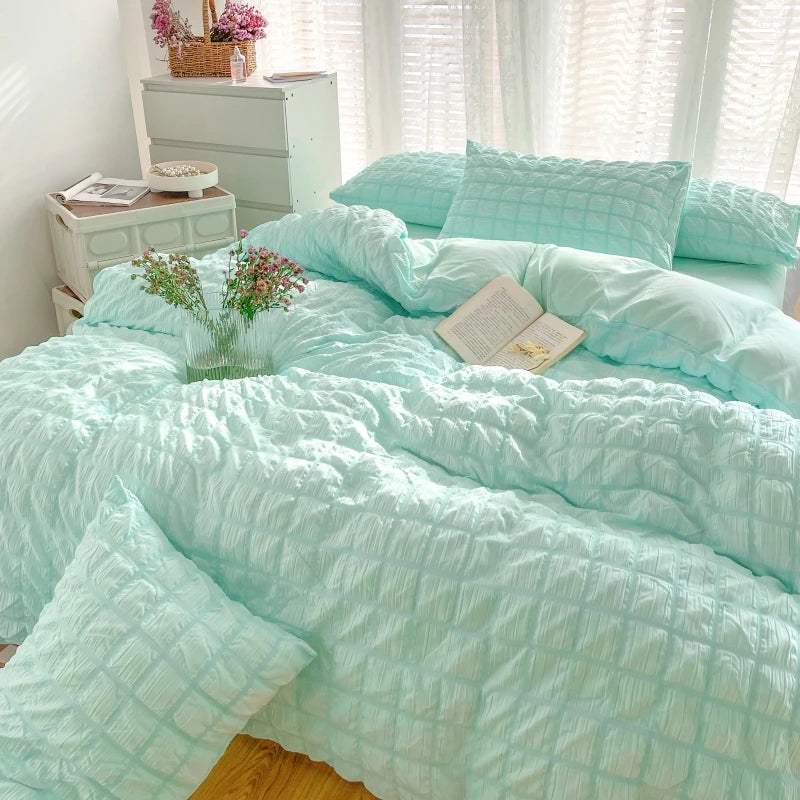 Puffy Check Bubble Fabric Set Duvet Pillowcase Bedding Sheet Quilt Cover Set