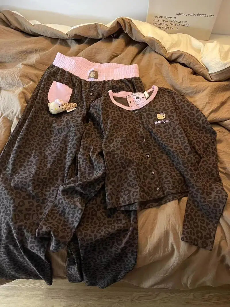 Leopard Print Hello Kitty Women Embroidery Long Sleeve Sweet Slim Fit Homewear Set