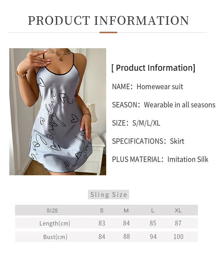 Heart Print Nightdress Scoop Neck Criss Cross Back Sleep Dress Women's Sleepwear