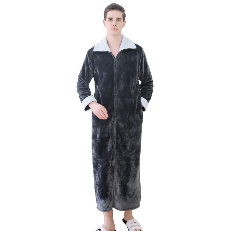 Ultra Long Thick Warm Bathrobe Thermal Flannel with Zipper
