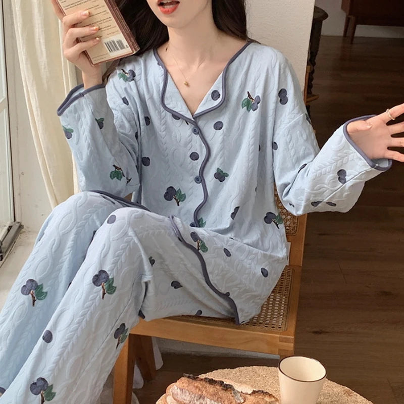 Long Sleeve Cardigan Style Jacquard Blueberry Strawberry Orange Breathable Stretch Women's Pajamas
