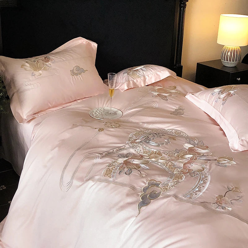 Flowers Bird Embroidery Luxury Bedding Set 1000TC Egyptian Cotton Duvet Cover Bed Sheet Pillowcases 4/5Pcs