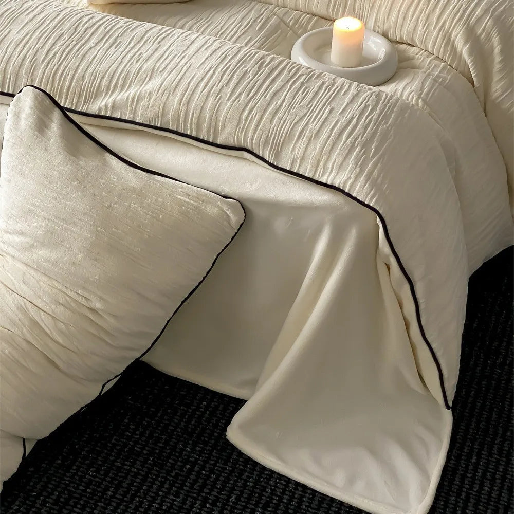 Thickened Warm Light Luxury Simple Carved Fleece Four-Piece Set Milk Fleece Bed Sheet Quilt Cover