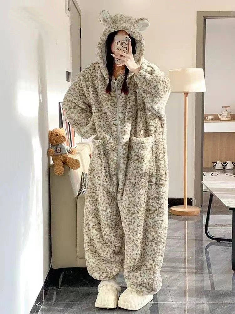 Leopard Hooded Onesie Flannel Pochets Overall Slippers Set