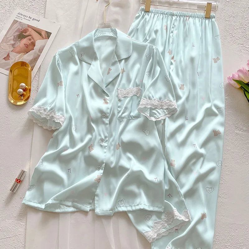 Bear Print Silk Short Sleeve Pants Loungewear Cardigan Lace Two-Piece Set