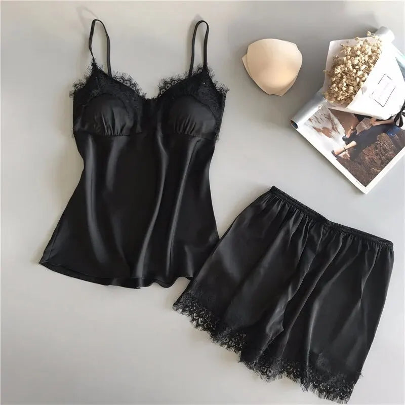 V-Neck Lace Sexy Lingerie Sleep Shorts Set