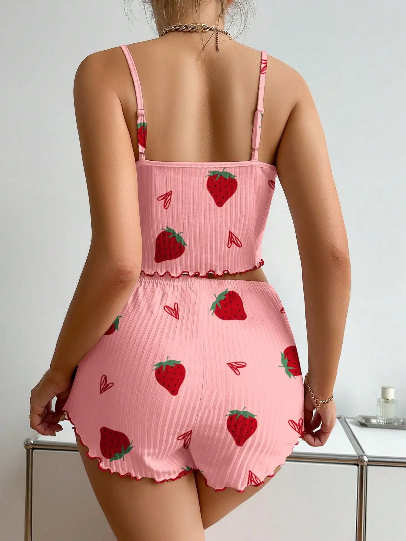 Strawberry Print Ribbed Knit Ice Silk Camisole Pajama Set