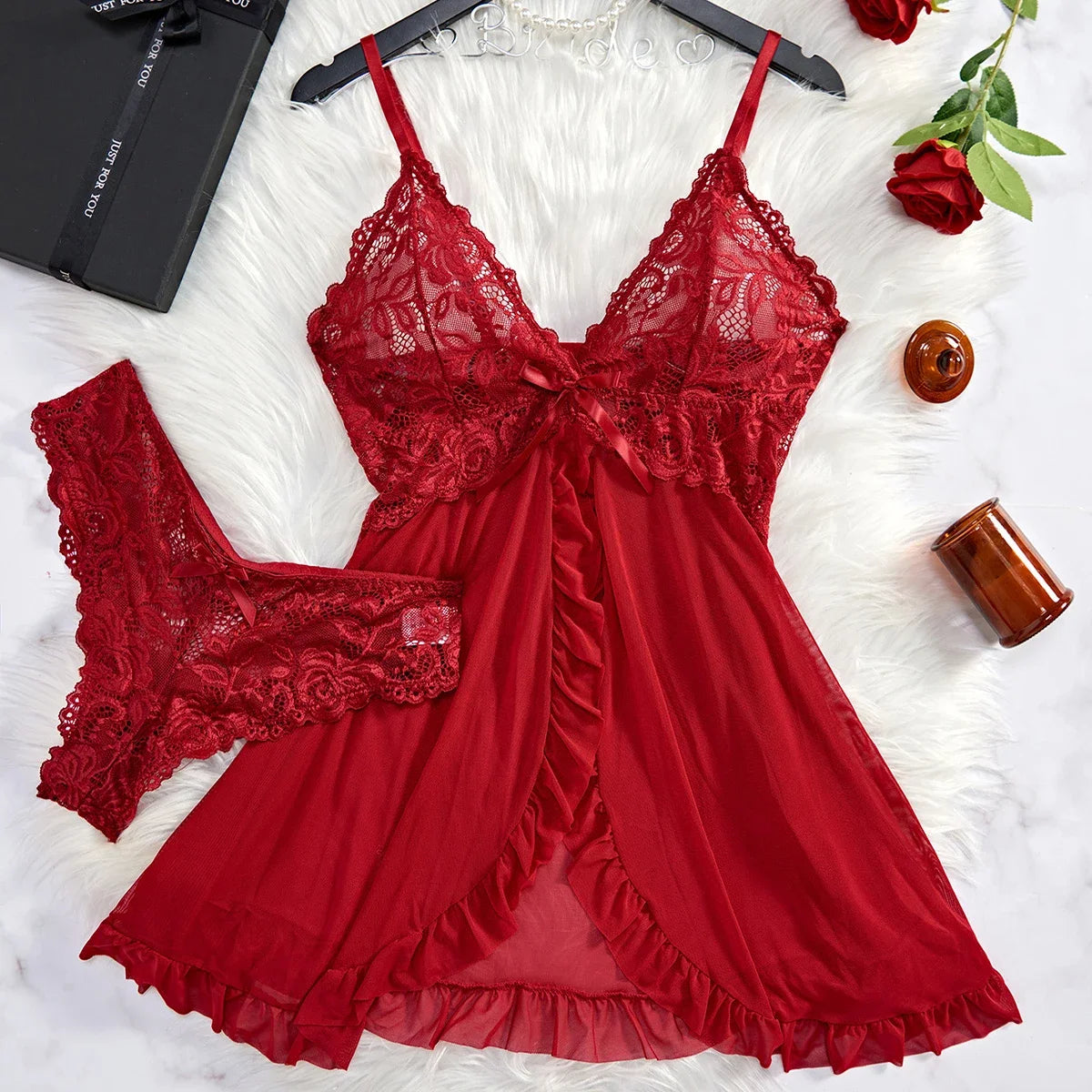 Sexy Contrast Lace and Mesh Ruffle Babydoll V-neck Open Bra Sleep Skirt Nighties