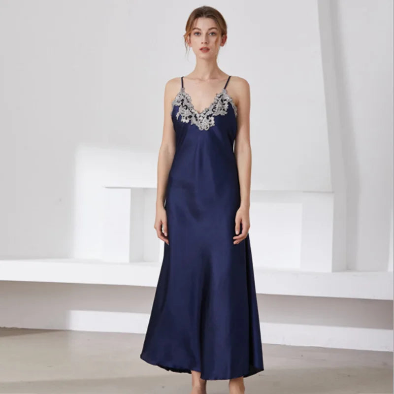 Women's Silk Lace Sexy V Neck Long Sling Sleep Dress