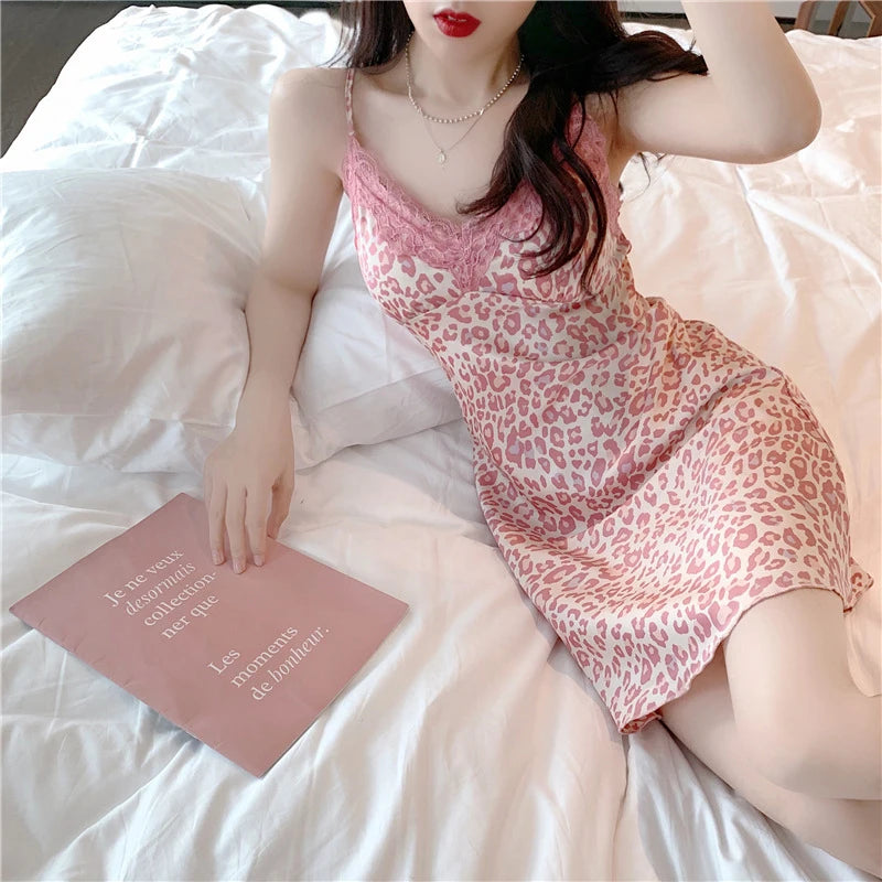 Pink Lace Trim Leopard Print Sling Dress