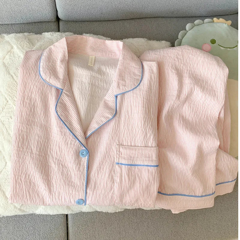 Cloud Soft Cotton ong-Sleeved Top with Long Trousers Sweet and Cute Pajama Set