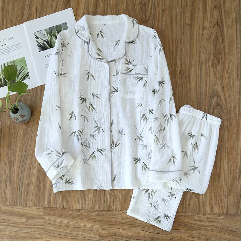 Ladies 100% Cotton Crepe Long sleeved Pants Two-piece Cute and Sweet Set