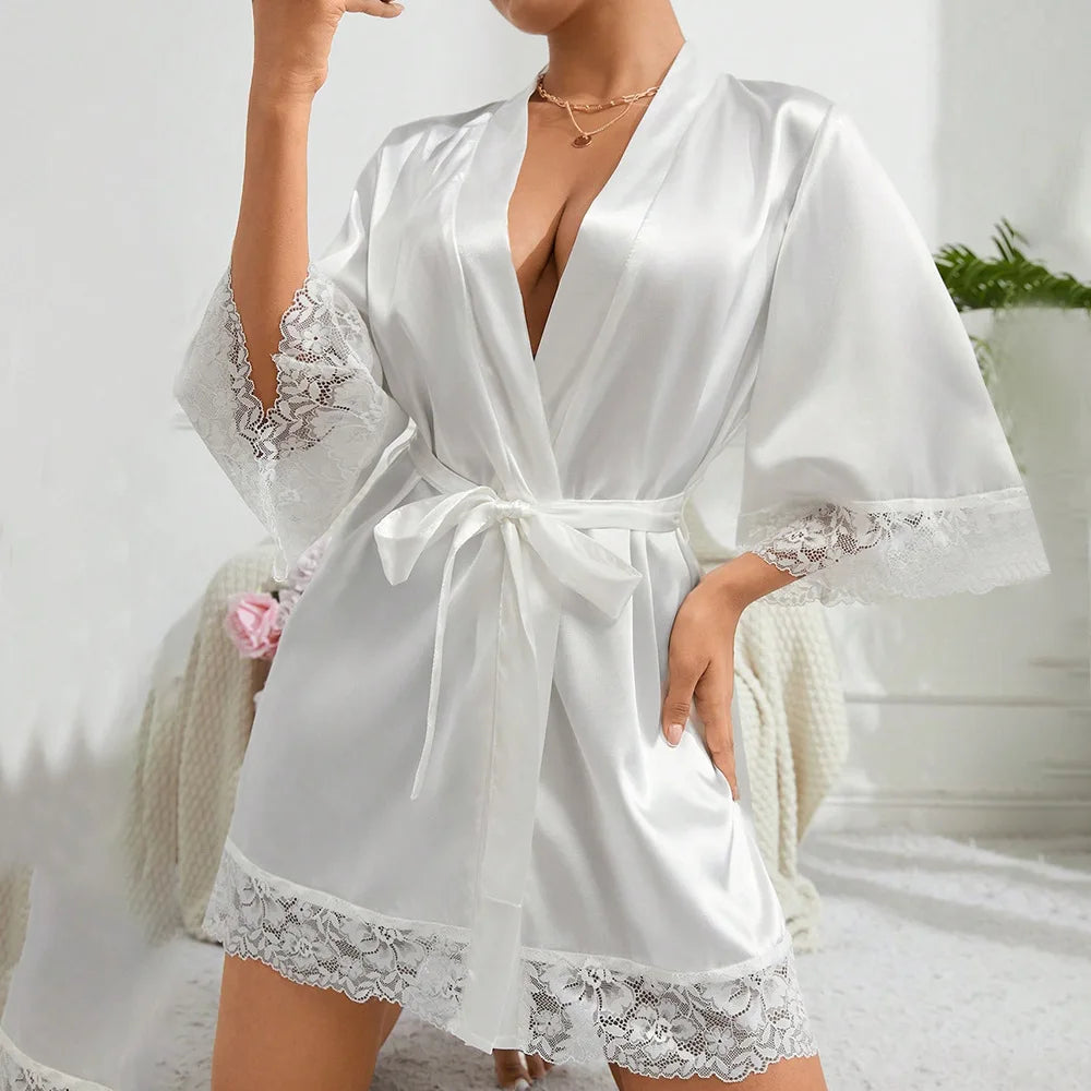 Ladies Elegant Satin Robe Lace Trim Kimono V Neck Belted Nightgown