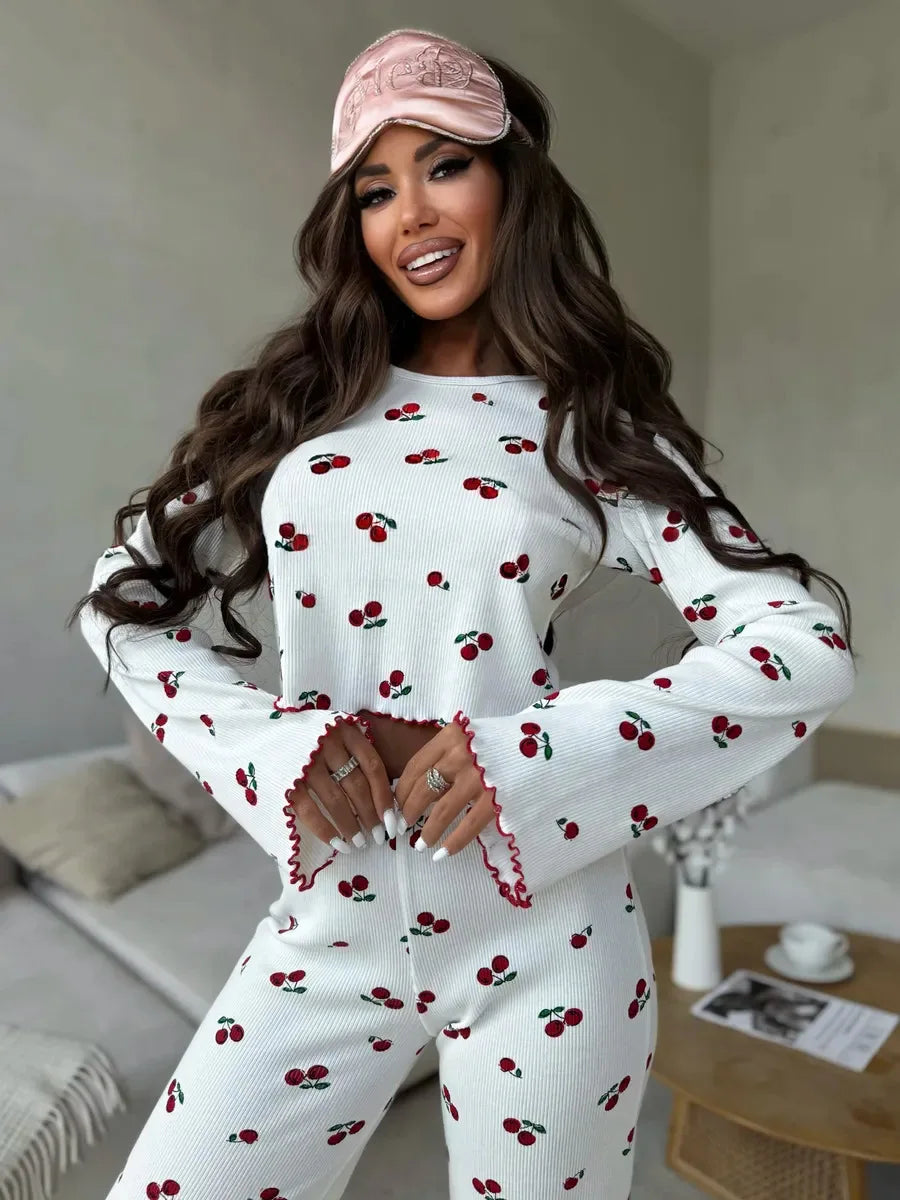 Y2K-Style Two-piece Cherry/Heart Print Cuffed-Long-Sleeve Tops and Long Trousers