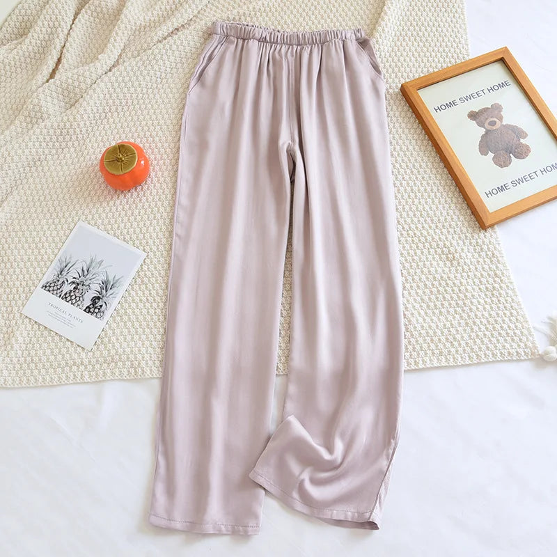 Loose Thin Solid Color Silk Satin Sleep Bottoms