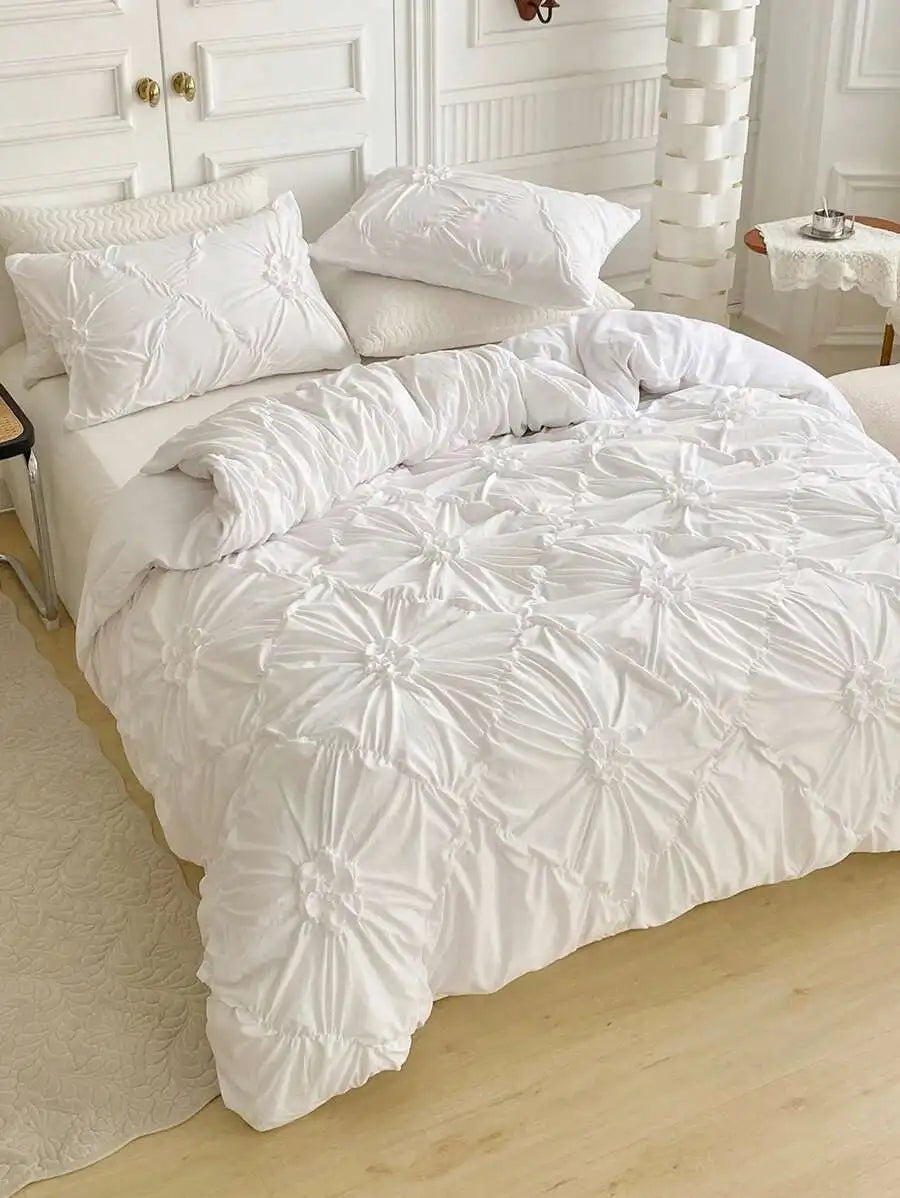 Ruched Flower Design Duvet Cover Set with Pillowcases Polyester Bedding for All Seasons