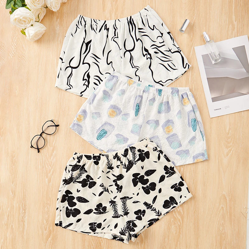 3 Piece Graphic Shorts Soft Comfort Bottoms Casual Sleepwear Loungewear