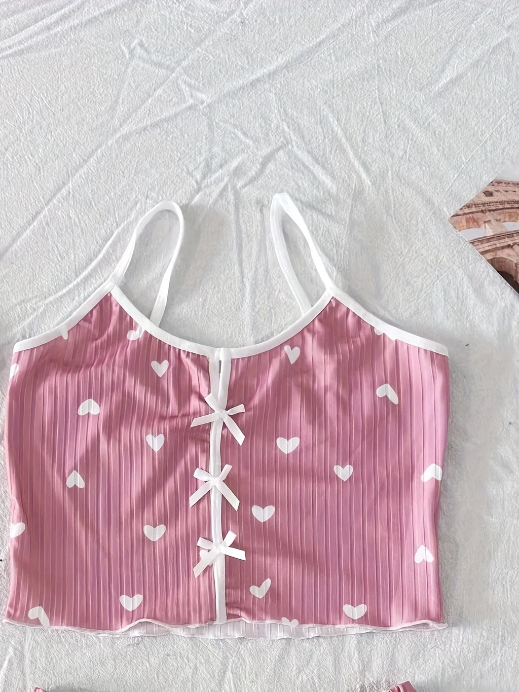 Backless Heart Print Sexy Ribbed Bow Decor Round Neck Cami Top & Shorts Pajama Set