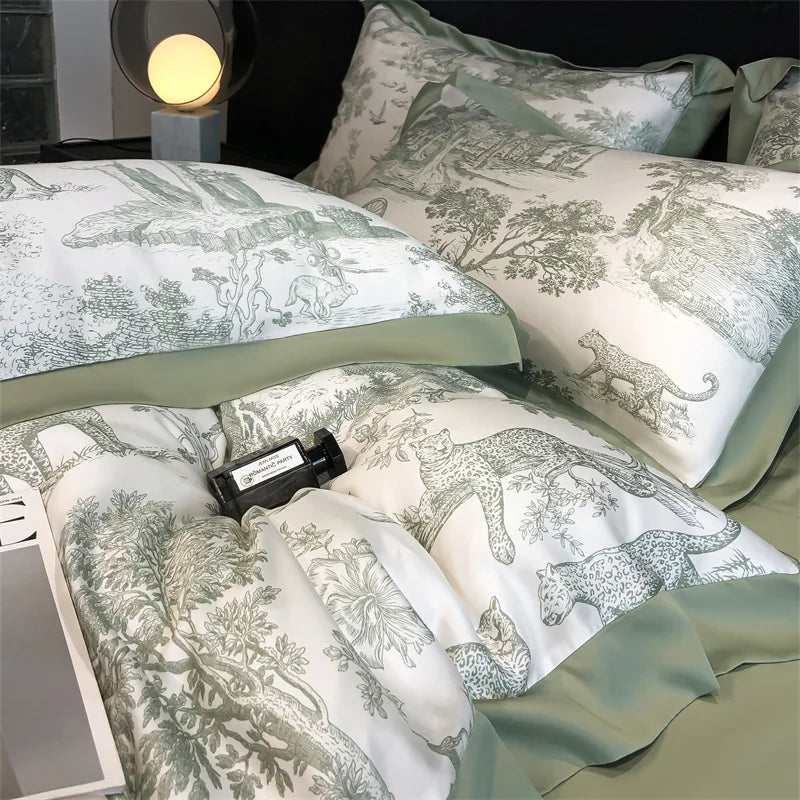 Soft Silky Skin-friendly Natural Eucalyptus Fiber Lyocell Bedding Set Forest Plants Leopard Duvet Cover Set Bed Sheet Pillowcases