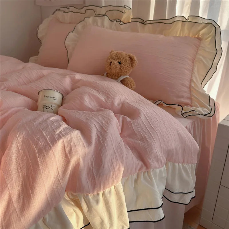 Princess Style Ruffles Bedding Set Skin-friendly Soft Duvet Cover Set Bed Sheet Or Bed Skirt Pillowcases 3/4Pcs