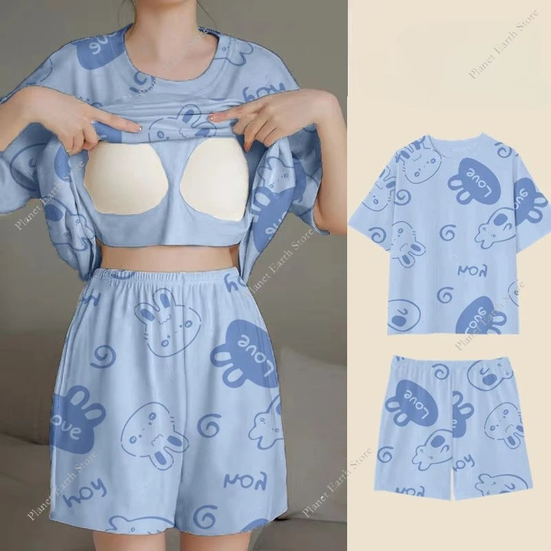 Pajama 2Pcs/Sets Short Tops and Shorts with Chest Pad