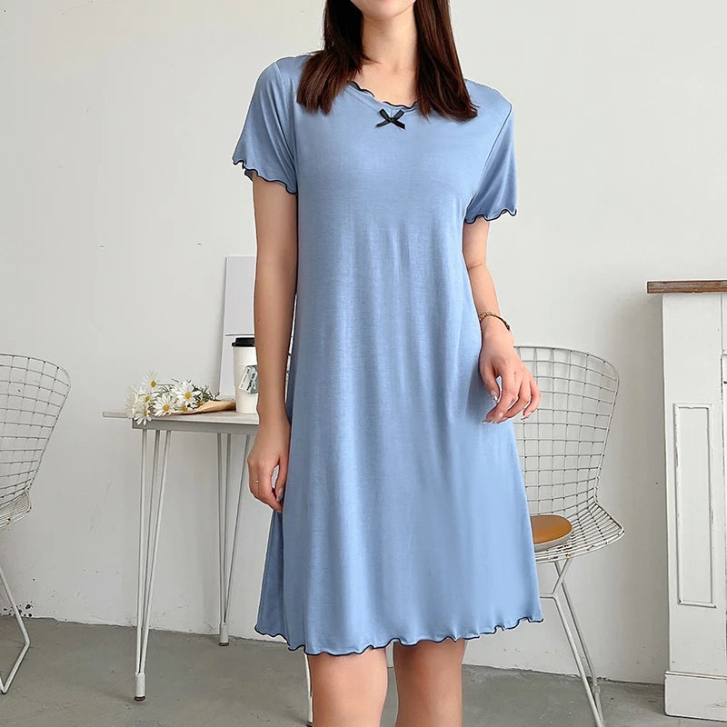 Loose Modal Short Sleeve Home Skirt A-Line Skirt Comfortable V-Neck Dress