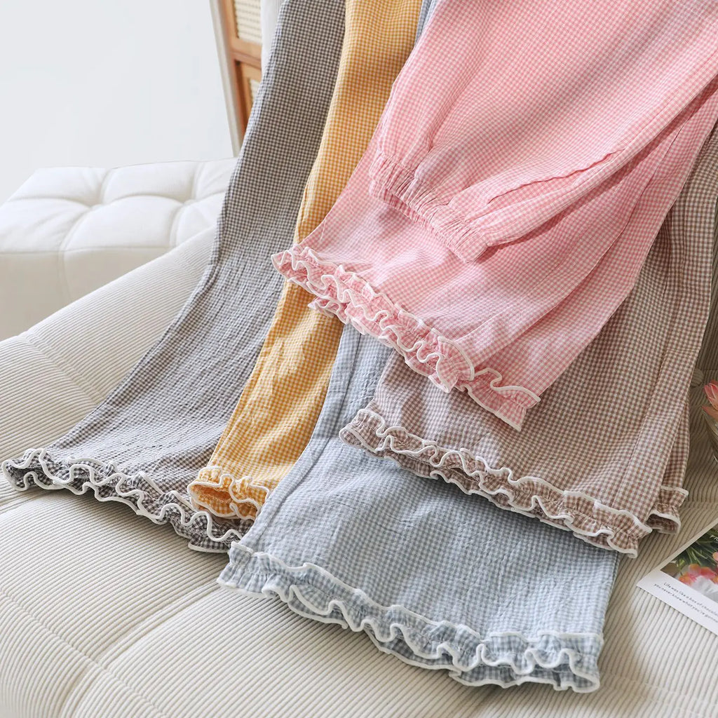 Loose Size Plaid Pajama Pants Elastic Waist Casual Homewear Women Nine-point Trousers