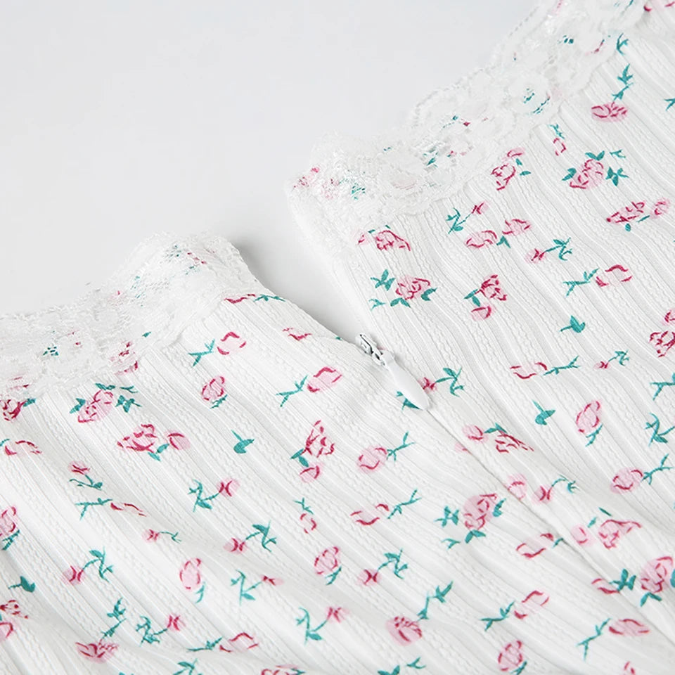 Floral Print V-neck Lace Trim Knitted Long Sleeve Cute Aesthetic Rompers