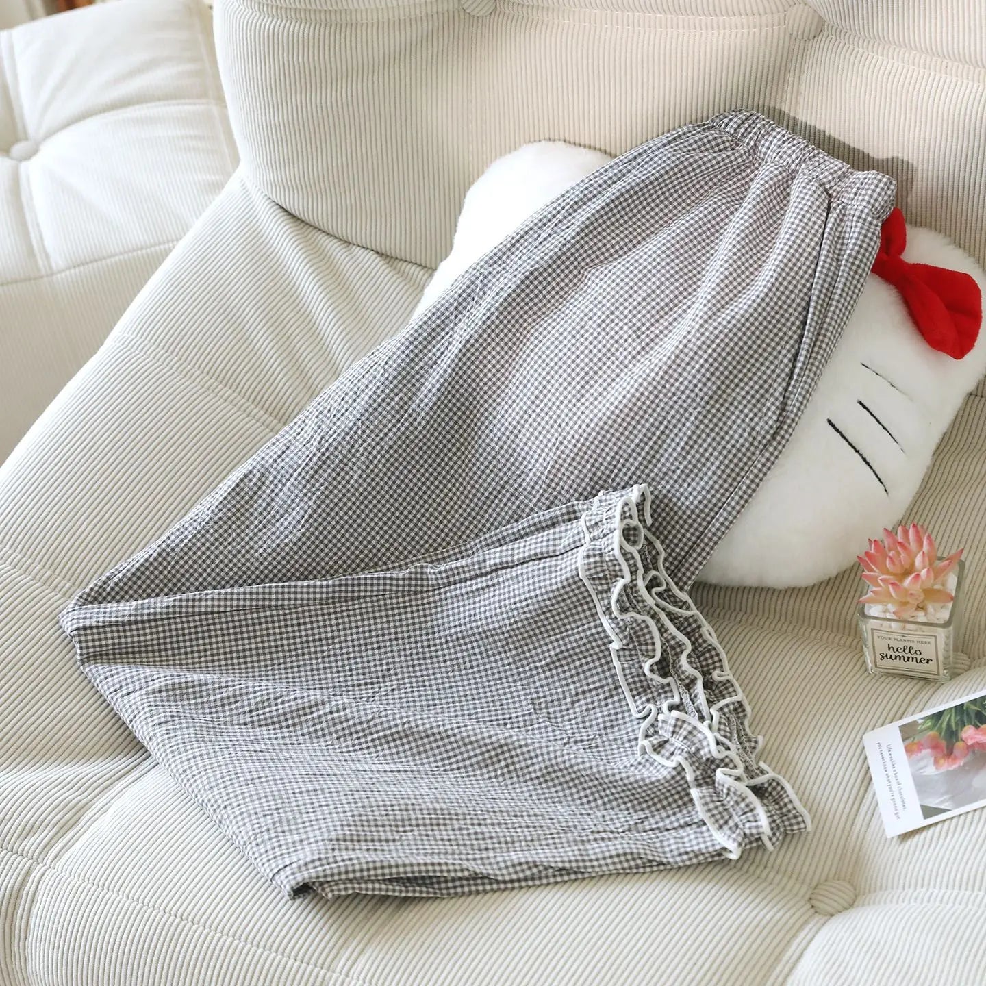 Loose Size Plaid Pajama Pants Elastic Waist Casual Homewear Women Nine-point Trousers