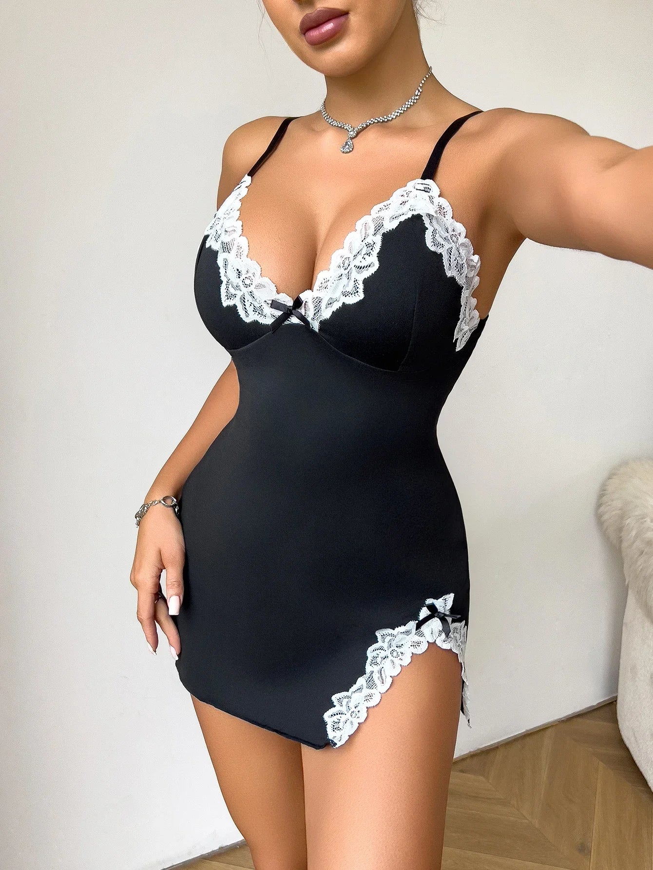Seductive Deep V Sleeveless Lace Lingerie Nightgown
