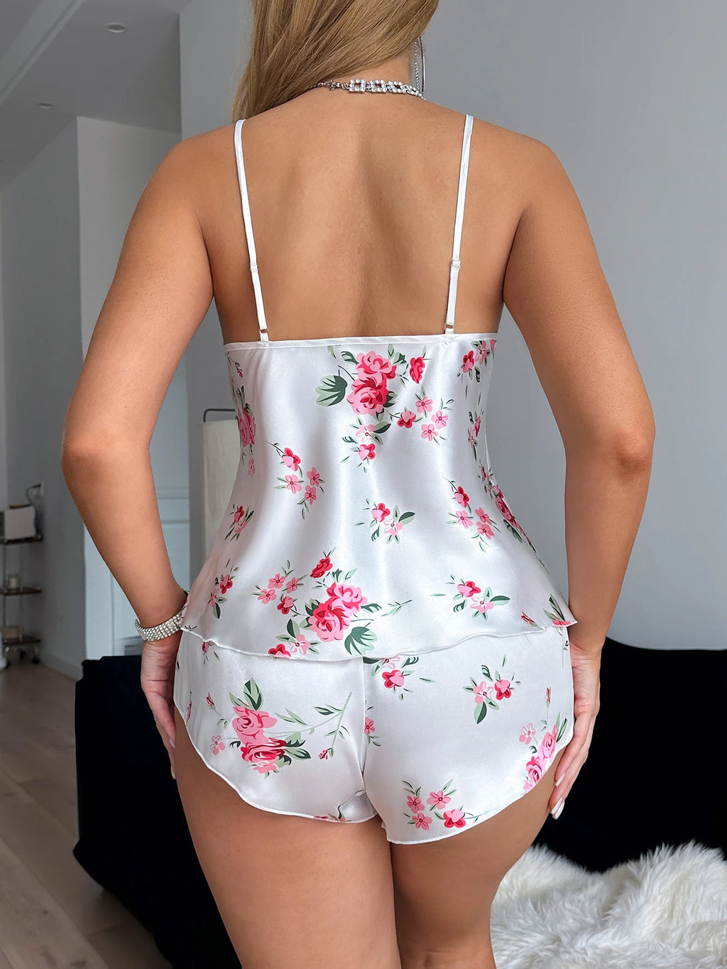 V Neck Lace Rose Printed Halter Shorts Set